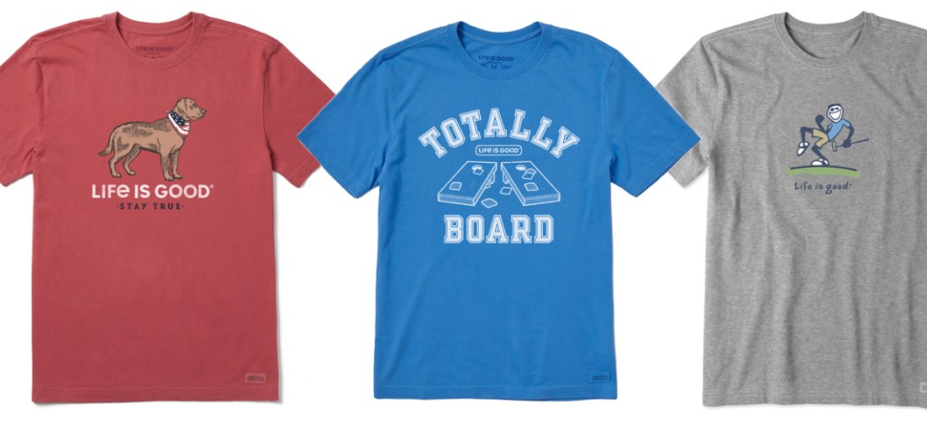 red blue and gray graphic tees