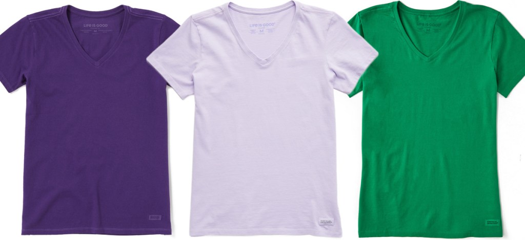 purple green and lilac v neck tees