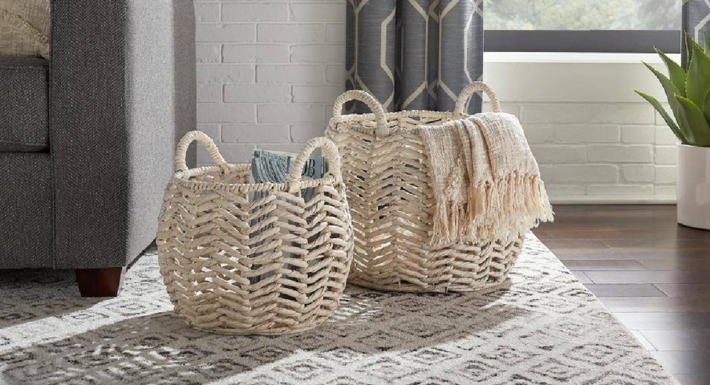 living room with wicker baskets filled with items inside of them