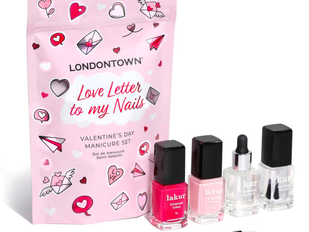londontown valentines day nail kit bag with polish sitting next to it 