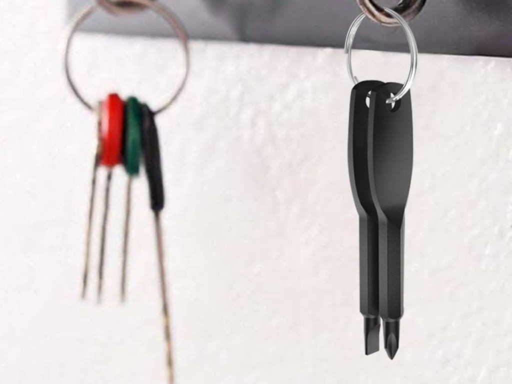 screwdriver keychain hanging from shelf