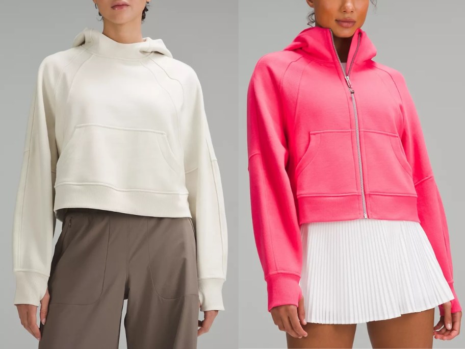 woman wearing an off white oversized crapped hoodie next to a woman wearing a cropped high neck zip up hoodie