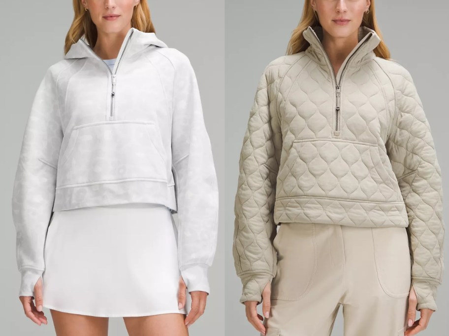 woman wearing a white and grey quarter zip hoodie and white tennis skirt next to a woman wearing a tan quilted quarter zip jacket and tan pants