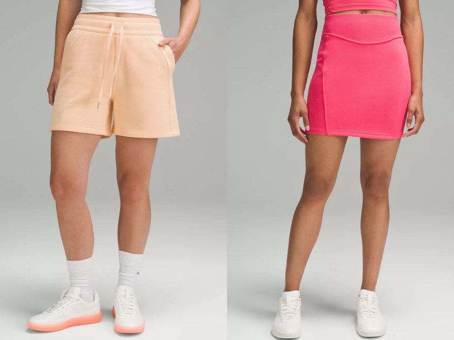 woman wearing peach color shorts next to a woman wearing a hot pink skirt