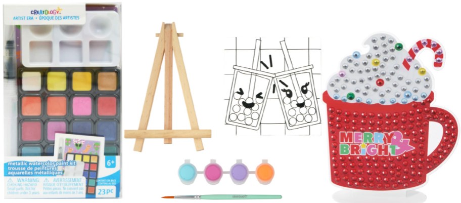 A watercolor set, a mini canvas paint set with a boba picture and a cocoa mug diamond art set.