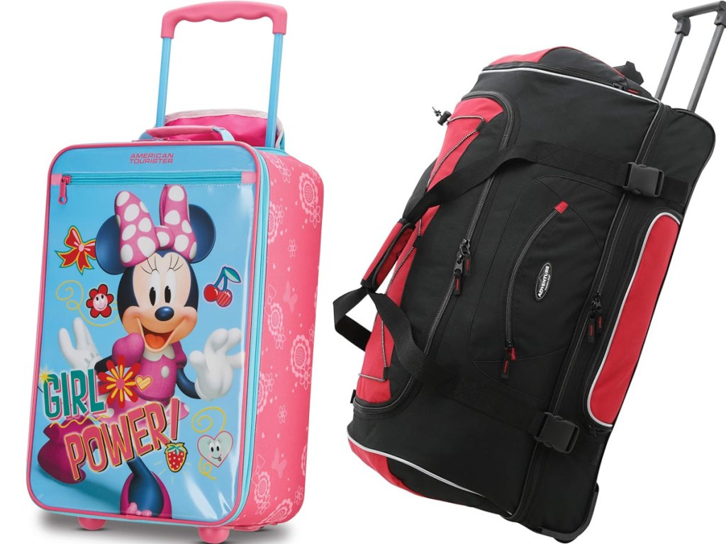 mini mouse luggage displayed next to a black and read soft duffle bag