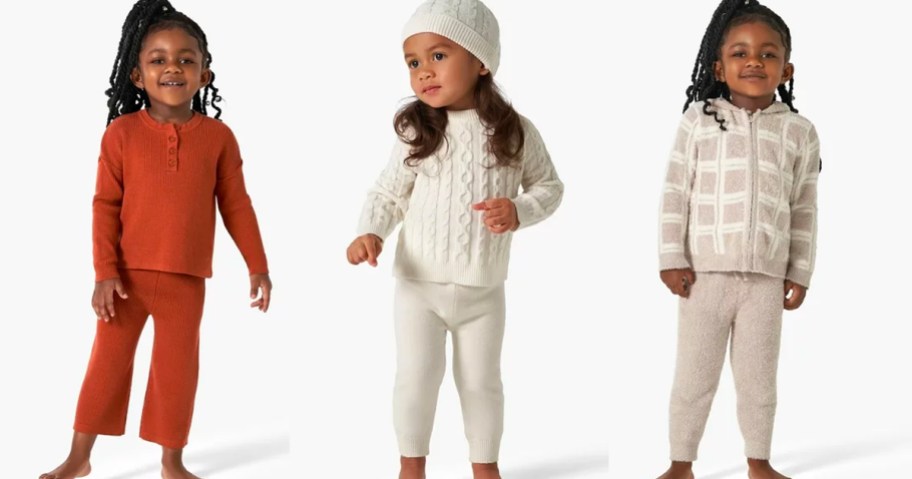 three kids wearing orange, white, and gray 2 piece modern moments outfits