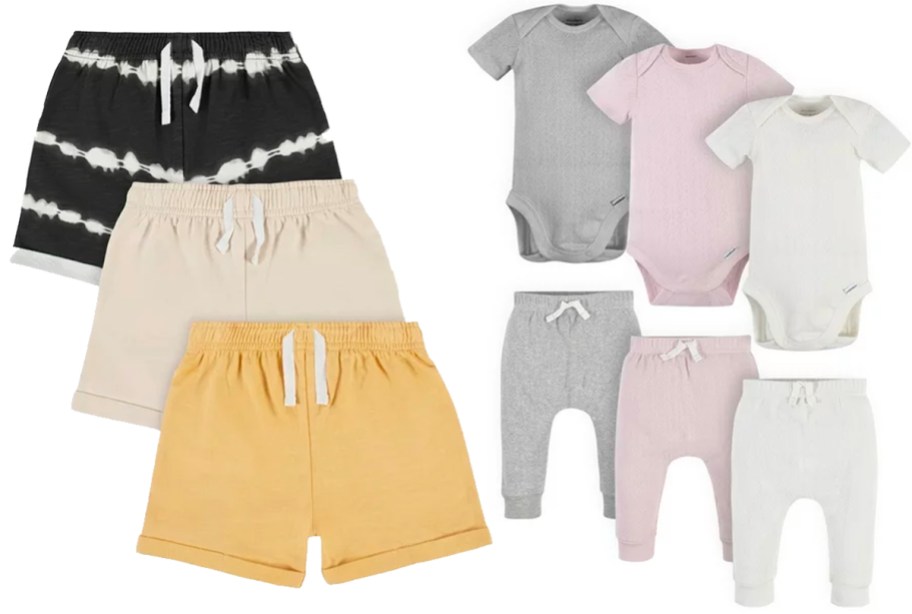 modern moments gerber black and white, tan and yellow shorts, with 3 bodysuits and pants sets