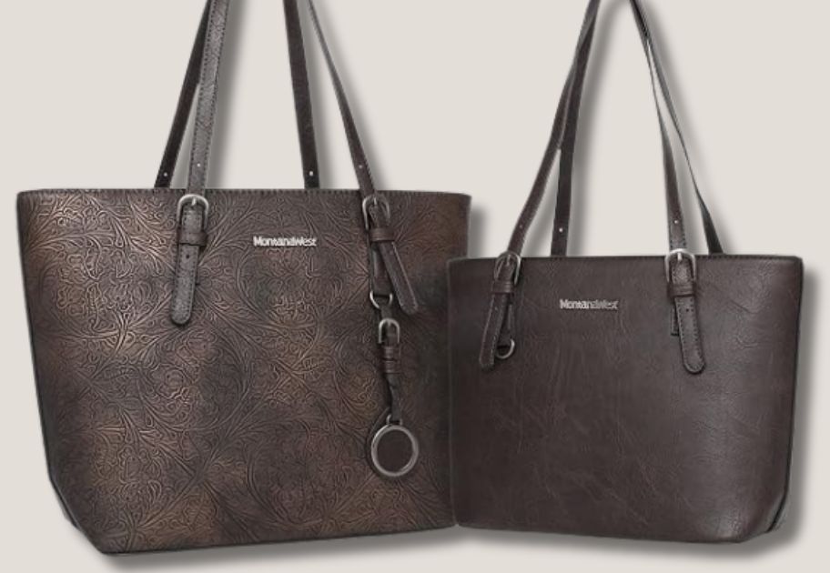 dark brown embossed women's faux leather tote bag and handbag set