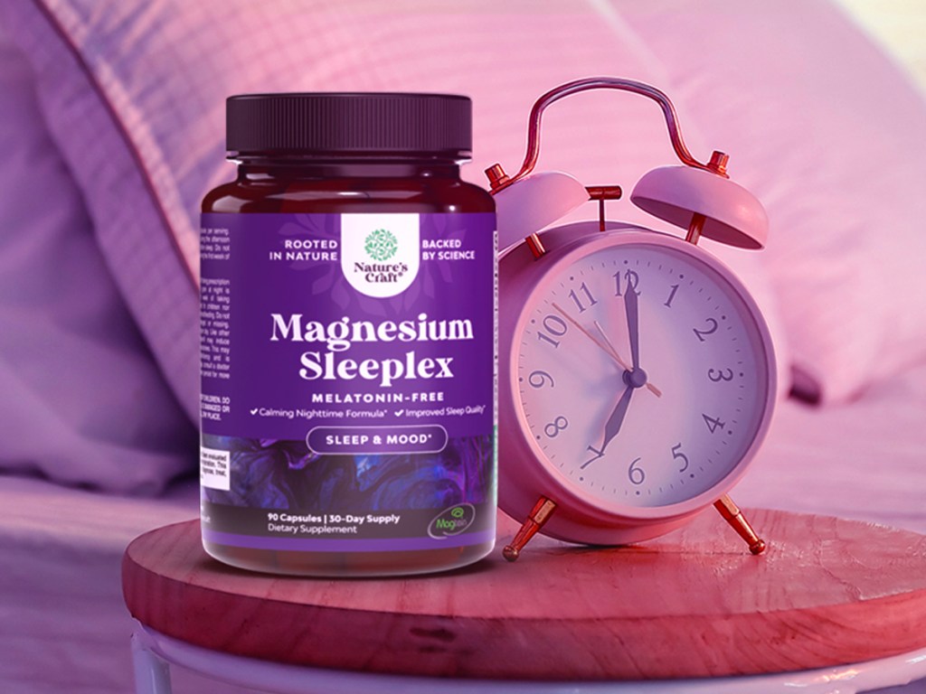 natures craft magnesium sleeplex bottle on table with alarm