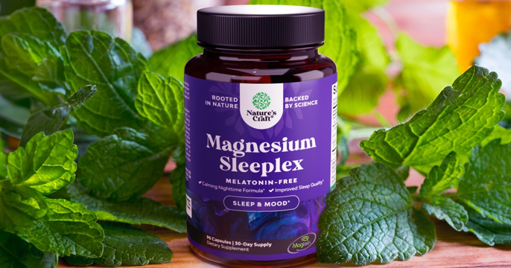 natures craft magnesium sleeplex bottle in front of leaves