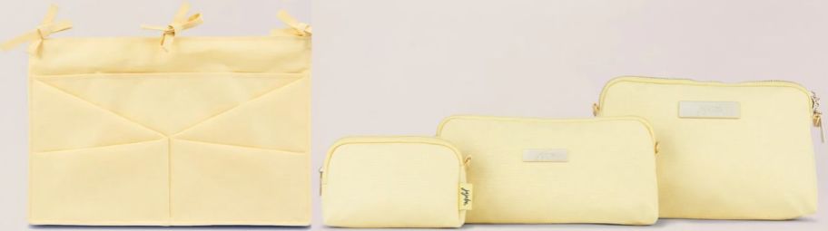 a yellow 4 pocket nursery organizer and a 3 piece set of pouches