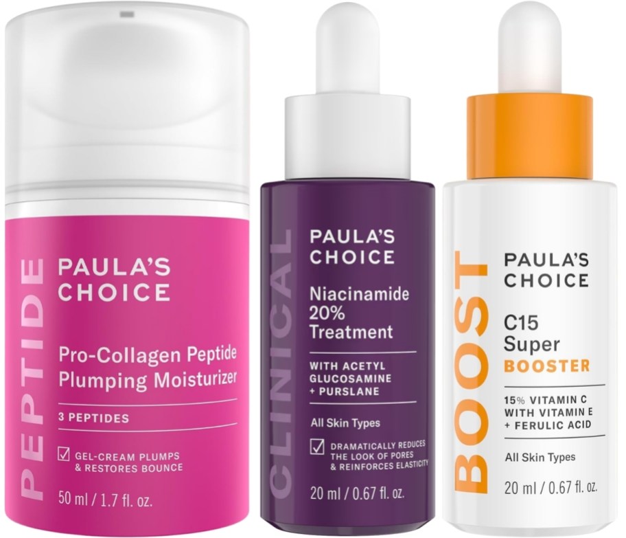 paula's choice skincare collagen moisturizer niacinamide and vitamin c serum bottles