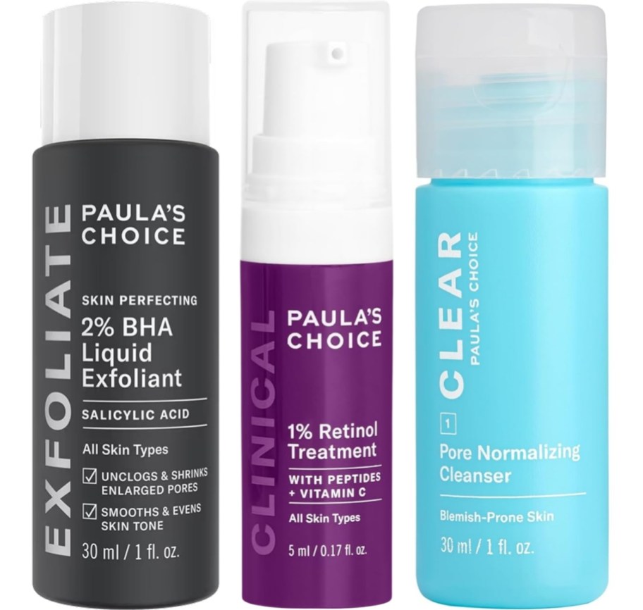 paula's choice skincare exfoliant, retinol serum and cleanser bottles