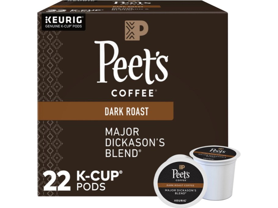 peet's coffee kcups 22 count box with kcups sitting in front