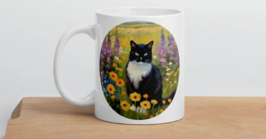 picture of a cat in a field of flowers on a coffee mug sitting on a counter
