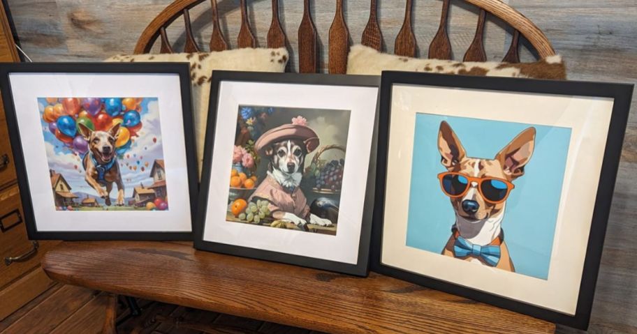 framed pictures of images of pets made with PugMug AI on a bench