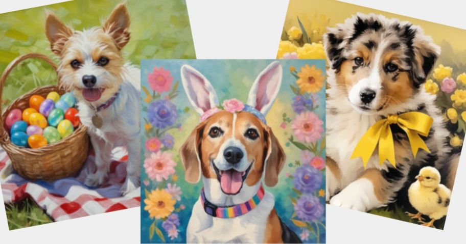 AI images of different dogs with Easter backgrouds