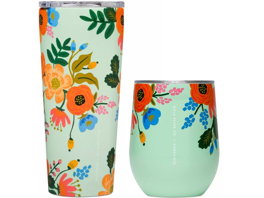 an insulated tumbler and stemless wine tumber in light green with floral patterns