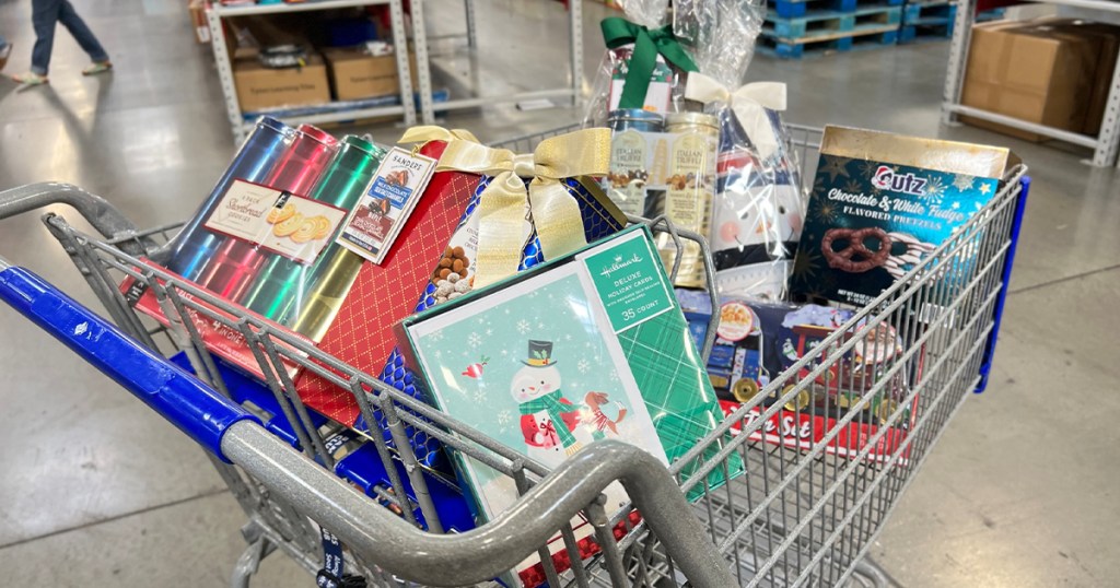 sams club shopping cart full of christmas cookies, chocolate and foods