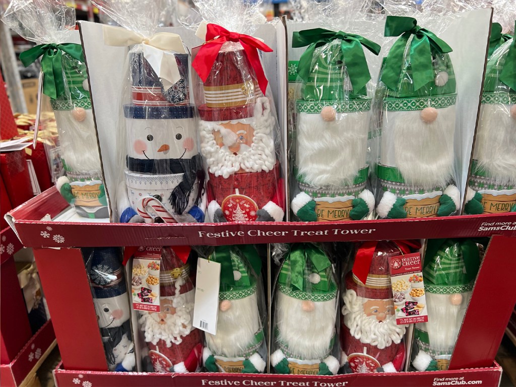 snowman, santa and elf gift tower treats