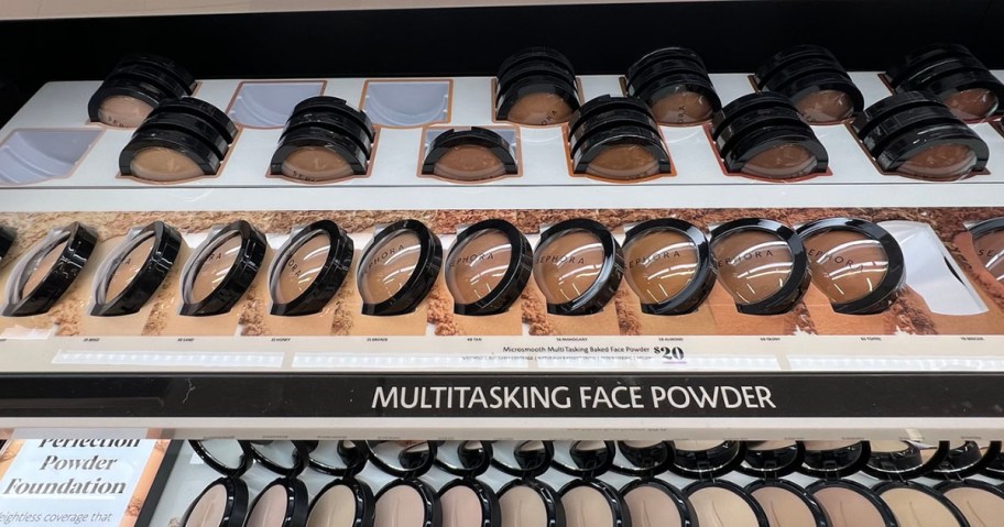 face powders lined up on display in sephora store