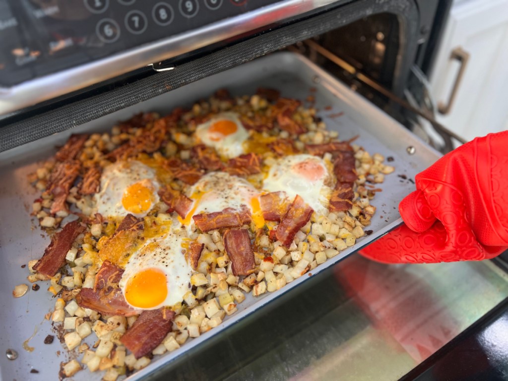 sheet pan in the oven with eggs, bacon and potatoes