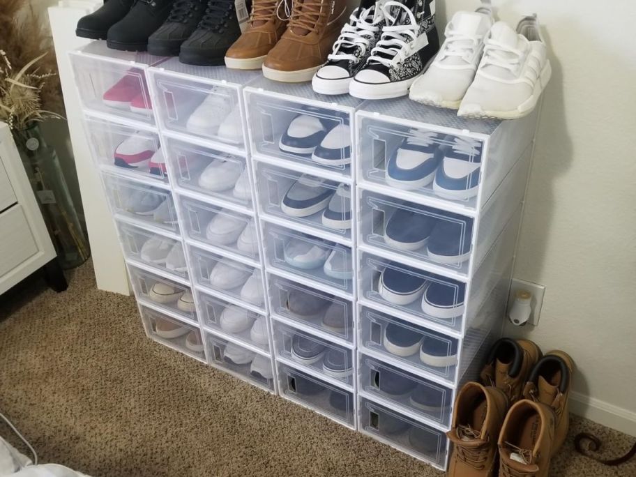 12 Pack Large Shoe Organizer Storage Boxes on floor with shoes inside and on top of it