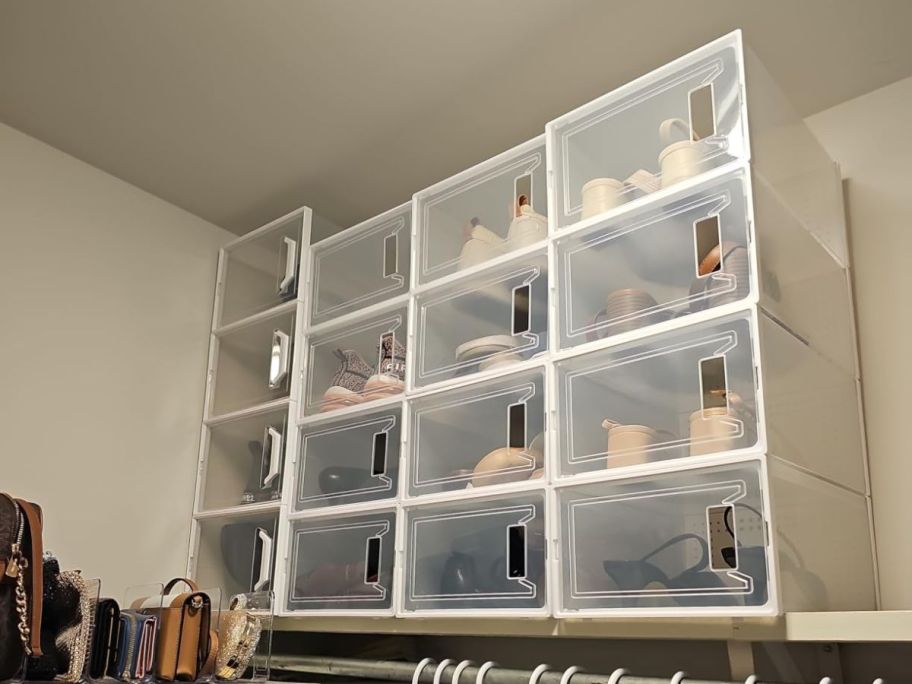 12 Pack Large Shoe Organizer Storage Boxes on a shelf in a closet