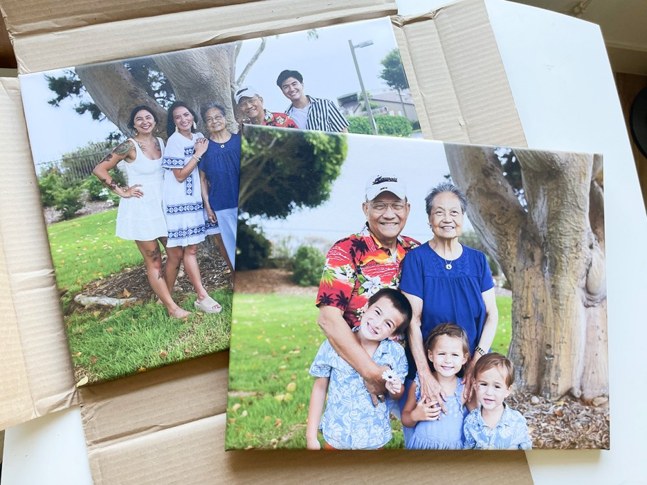 two canvas prints with families on it in box