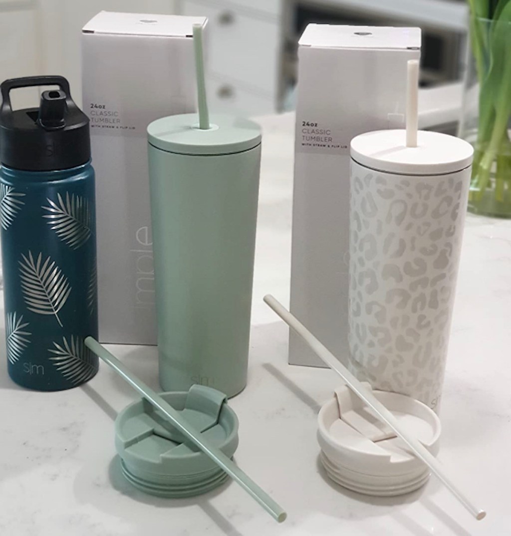 matte sage and matte white with gray leopard simple modern tumblers on kitchen countertop