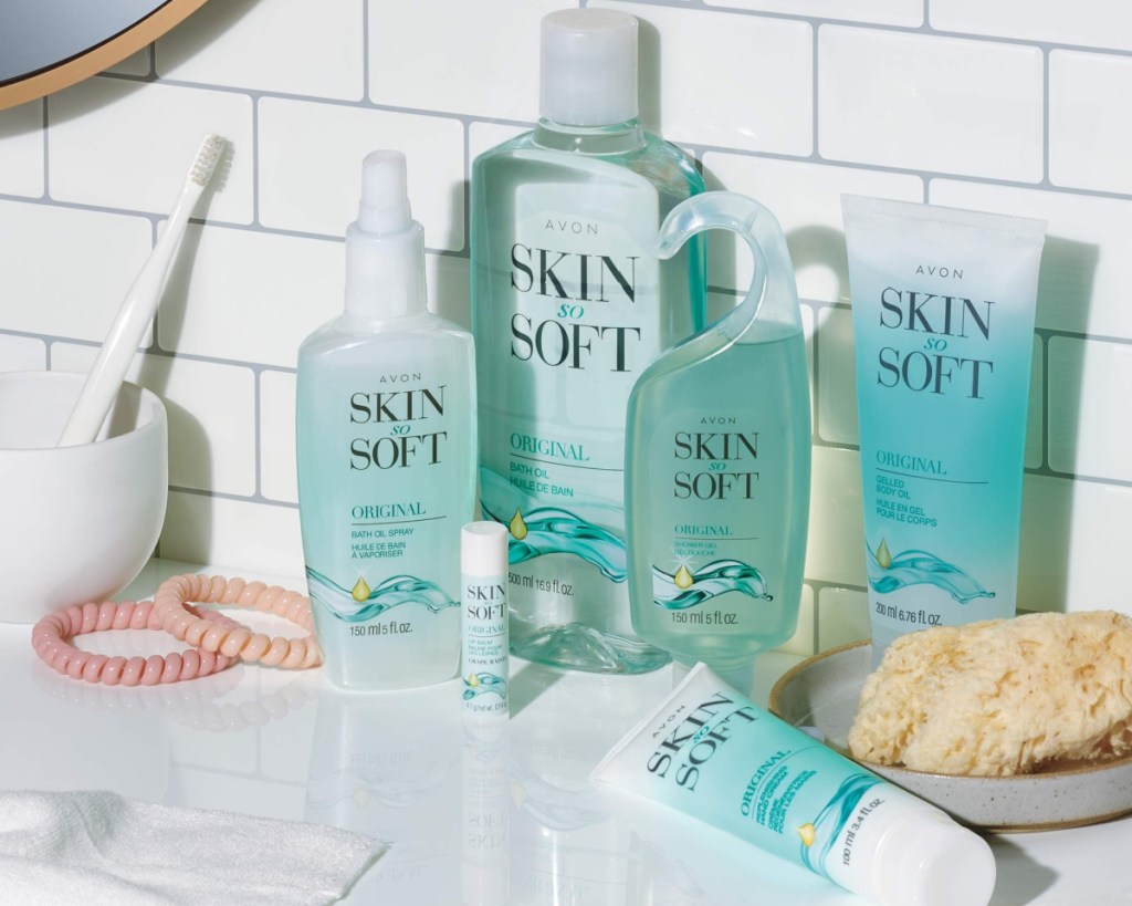 several skin so soft beauty products in shower