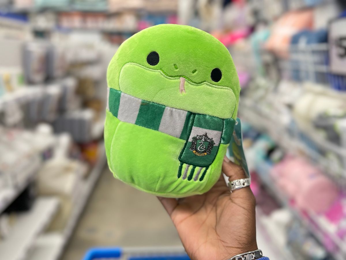 hand holding Harry Potter Squishmallow Slytherin Snake