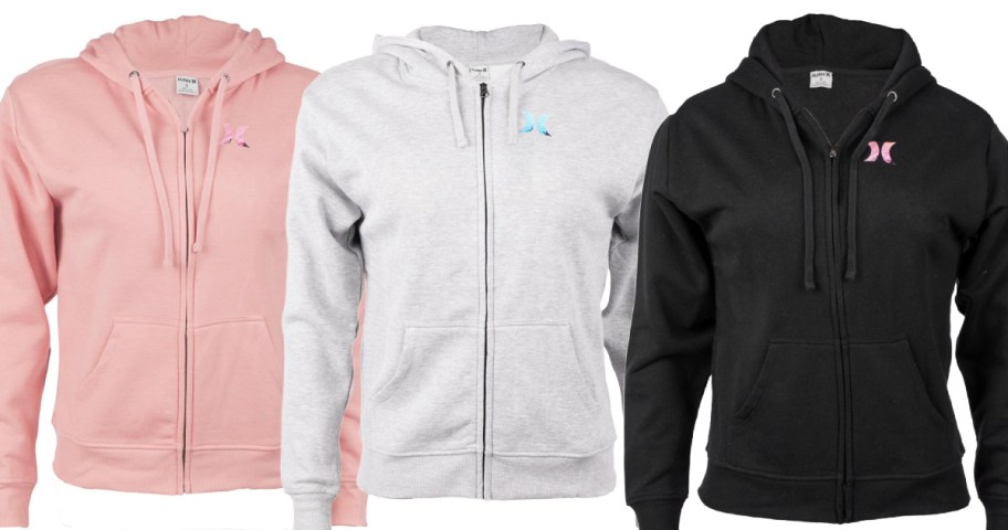 stock image of 3 Hurley hoodies in pink, gray and black