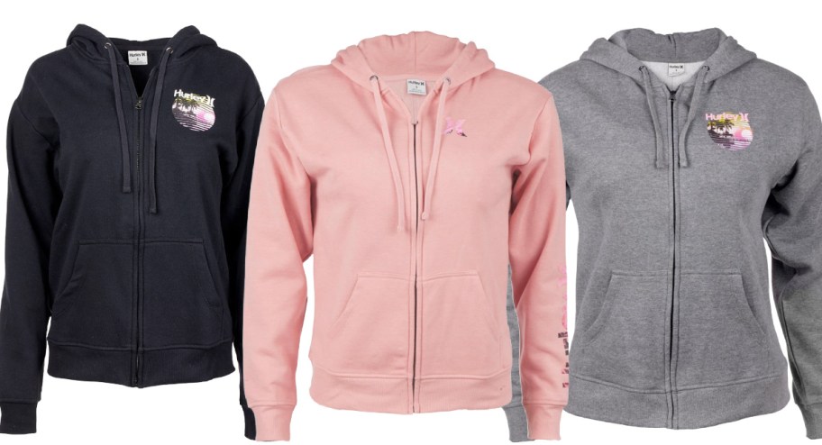 stock image of women's Hurley sweaters in pink, black and gray