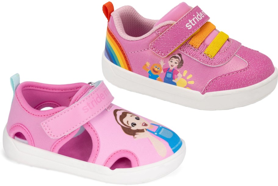 Two playful children's shoes: the sneaker features a pink design with rainbow and Ms. Rachel character illustrations, while the sandal sports a lighter pink with a Ms. Rachel character print. Both have Velcro straps and white soles.