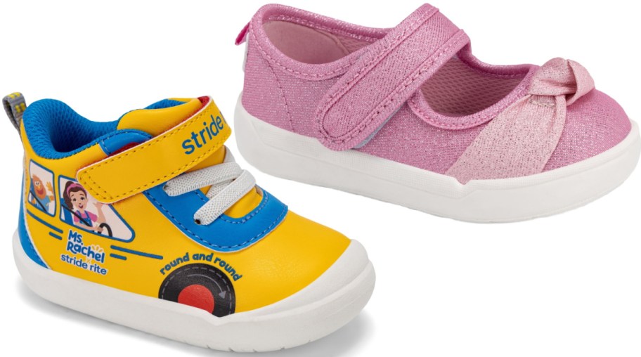 Colorful children's shoes: a bright yellow sneaker with blue and yellow straps, cartoon design, and a sparkly pink shoe with a bow, both with white soles.