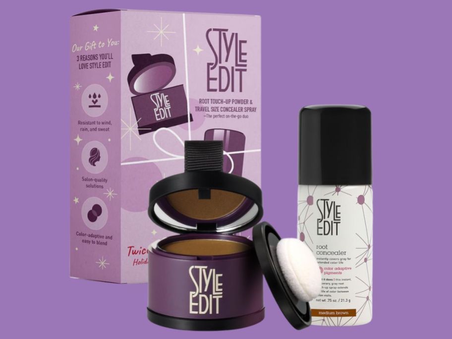 Style Edit Travel Essentials Hair Duo Root Touch Up Powder & Spray against purple background
