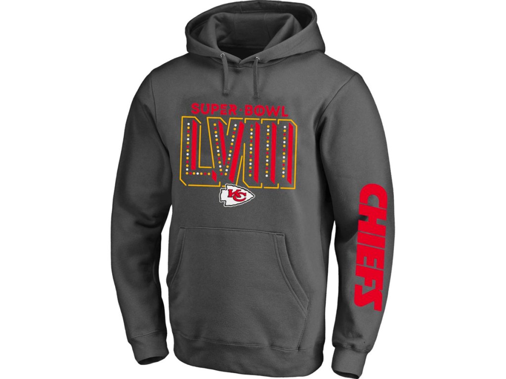 front image of gray chiefs super bowl hoodie