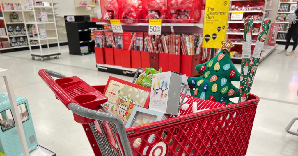 Target shopping cart full of Christmas clearance