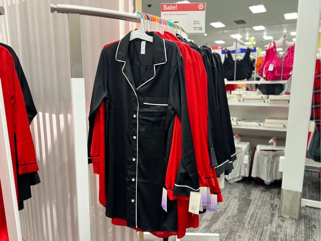 black and red satin button up nightgowns hanging on rack at Target
