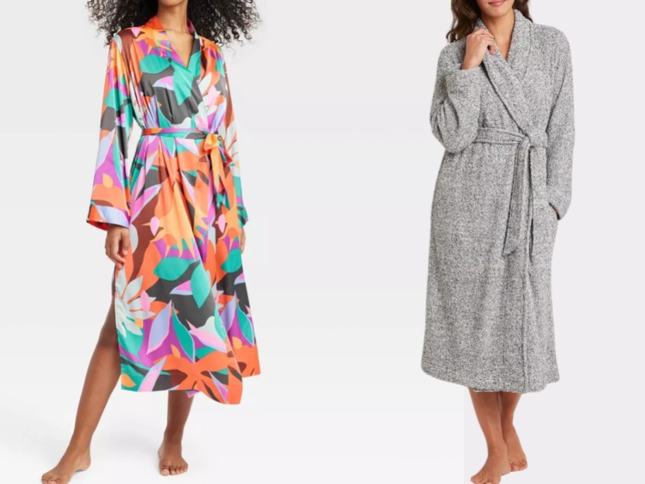 woman wearing a bright tropical floral print robe and woman wearing a grey plush robe