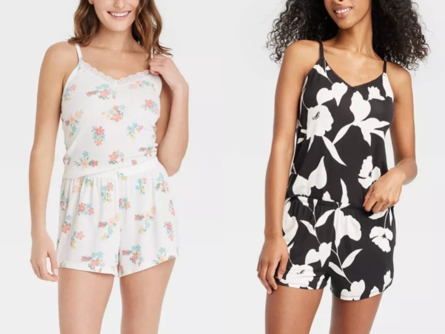 women wearing cami and shorts pajamas, 1 off white floral and one in black and white floral