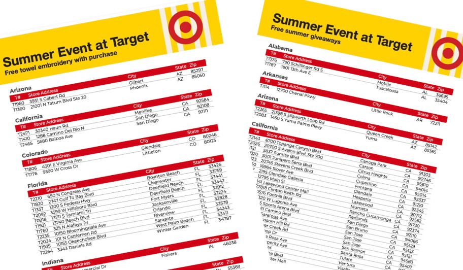 target summer kick off event pdf sheets with stores listed 