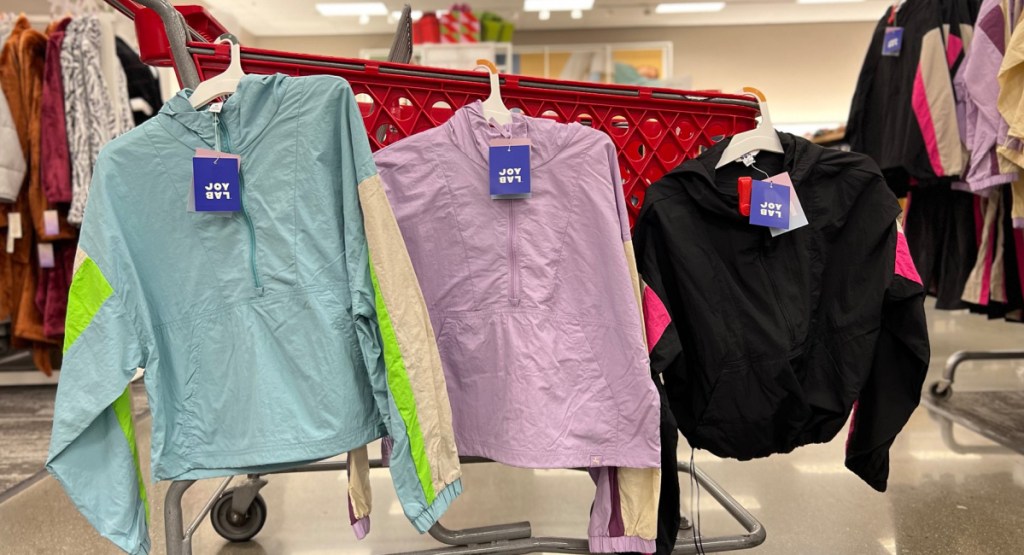 target windbreakers displayed on the target cart in different colors