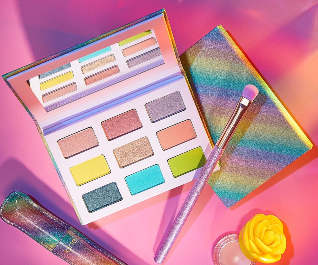 rainbow eyeshadow palette and brush