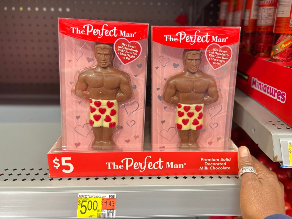 Chocolate man, figurine with heart themed boxers on Walmart store shelf