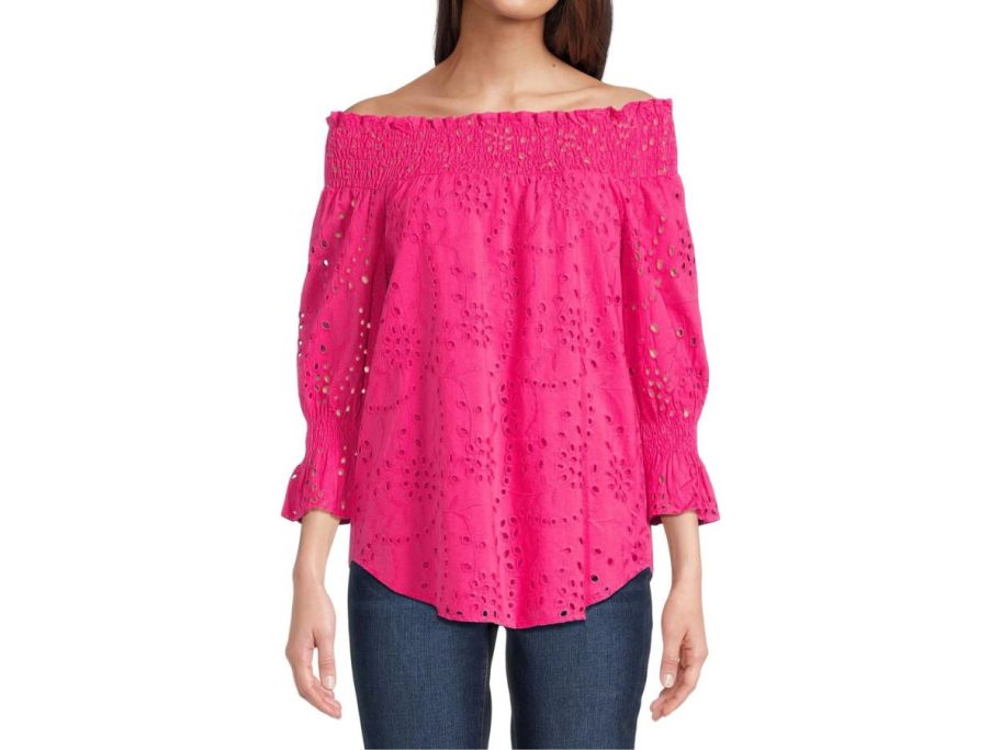 woman wearing The Pioneer Woman Cotton Off The Shoulder Smocked Eyelet Blouse