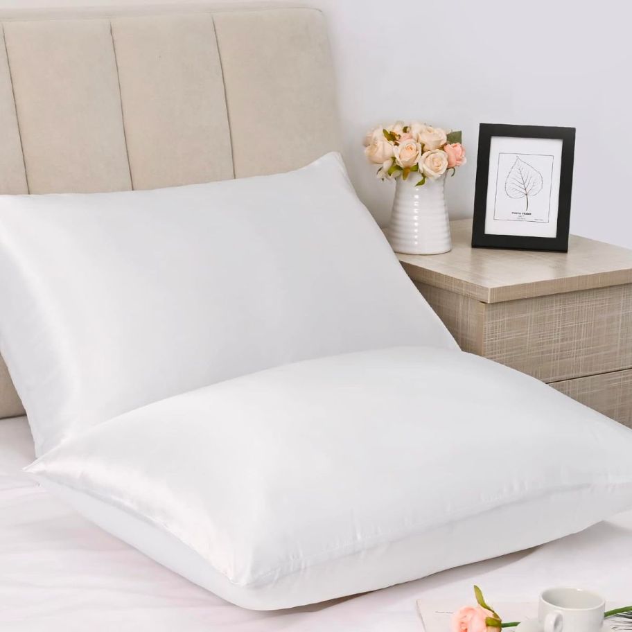 two pillows on a bed in white satin pillow cases