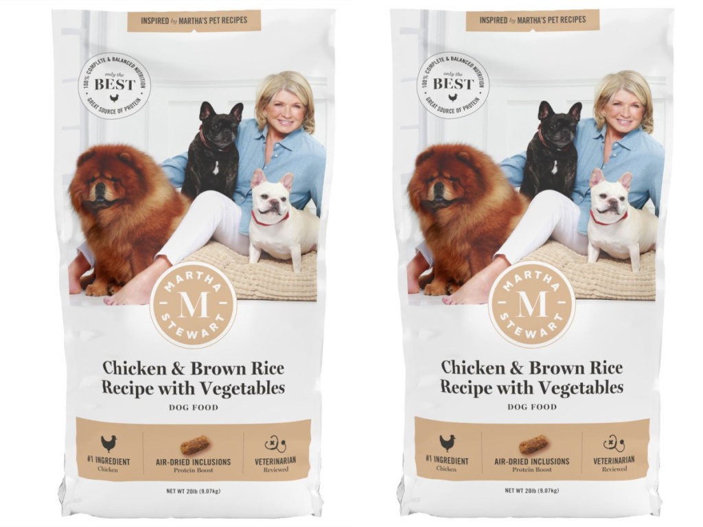 two stock images of Martha Stewart Pet Food Chicken & Brown Rice Recipe w_ Garden Vegetables Dry Dog Food 20-lb bag